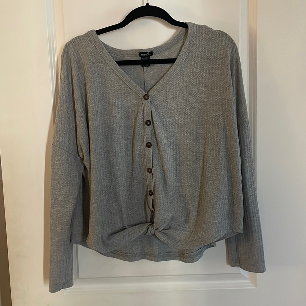 XL GRAY KNIT WAFFLE LONG SLEEVE TOP